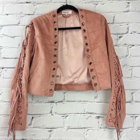 House Of CB Faux Suede Fringe Jacket Pink Women’s Medium Coastal Cowgirl Western - Picture 4 of 13